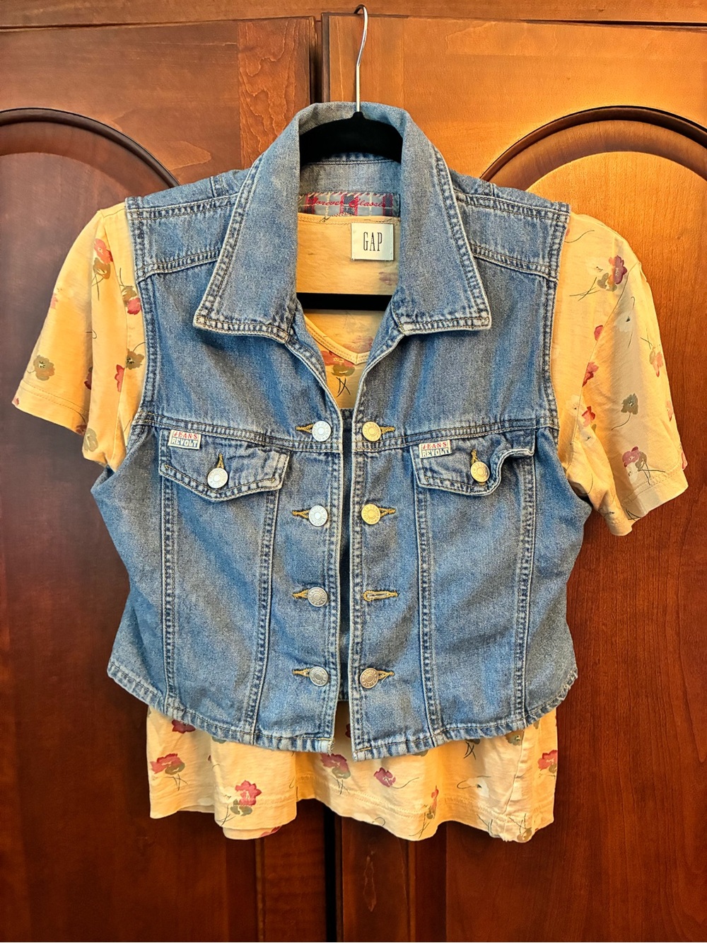Vintage 90s Gap Floral T Shirt Denim Vest Cottagecore Grunge Medium whimsigoth